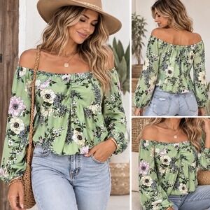 Dear Heart Sage Green Floral Off The Shoulder Peplum Top Sz L Ruched Boho Love